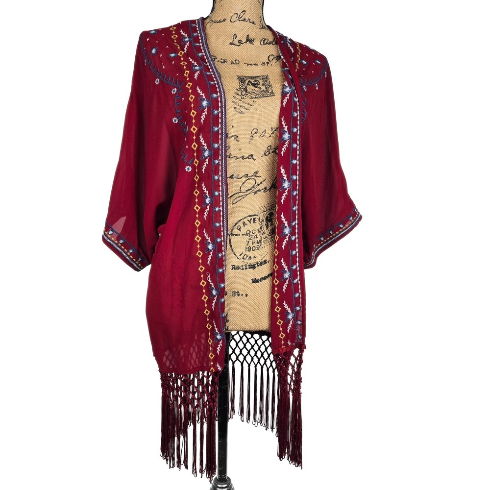 Umgee USA Burgundy Embroidered Macrame Fringe Kimono Cardigan Medium C3049